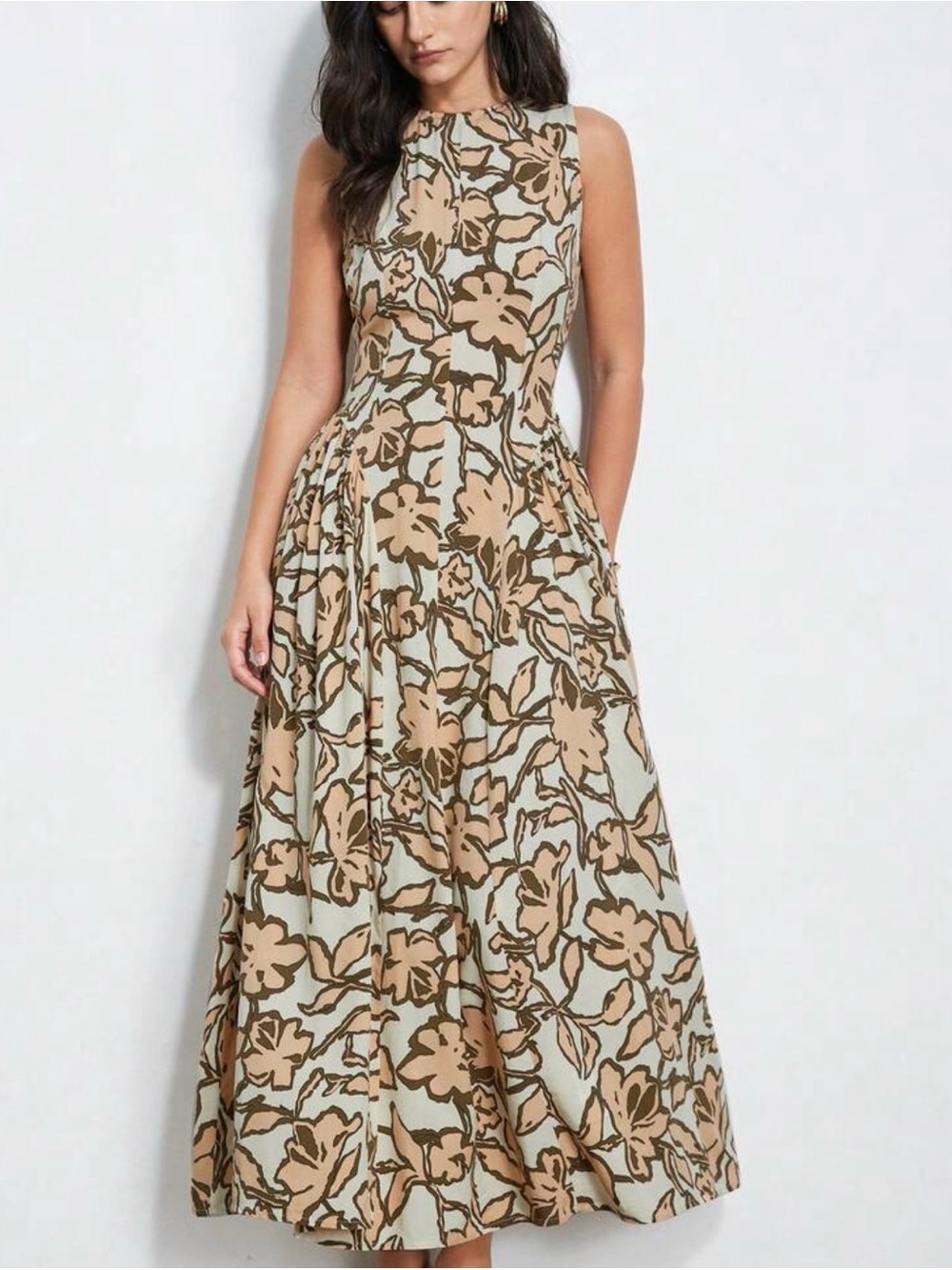 Vintage Beige and Light Blue Floral Maxi Dress
